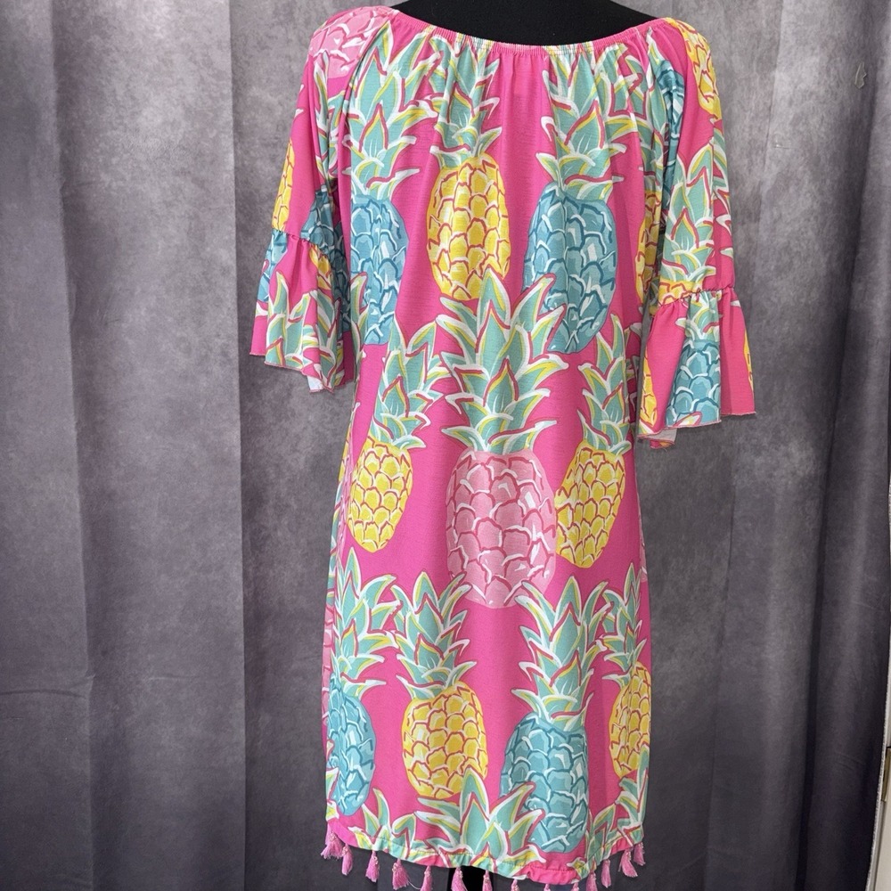 Simply Southern Pink Pineapple Tropical Tassel Hem Dress Bell Sleeve Small - Picture 2 of 8